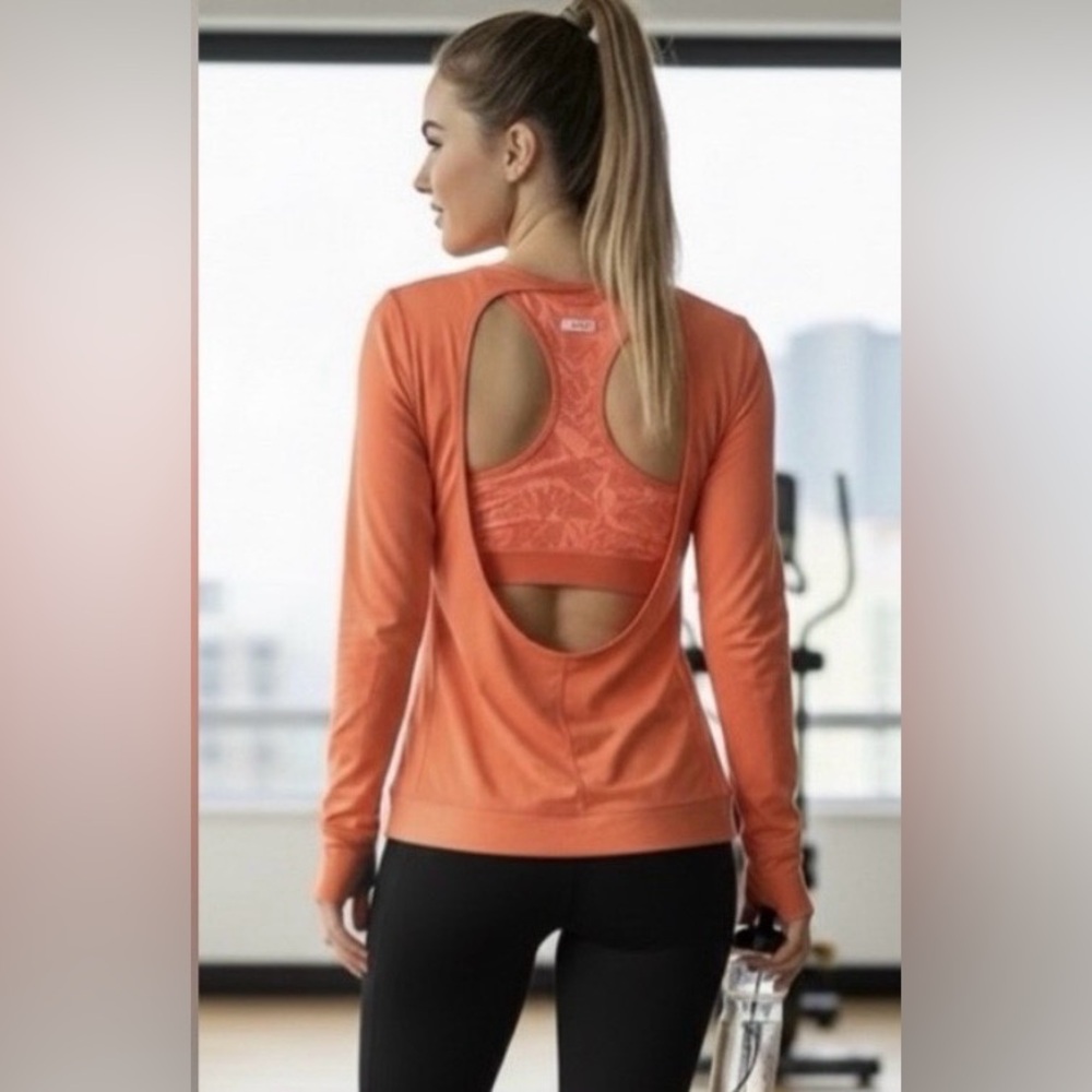 Lucy orange long sleeve workout top, attached bra, deep back cut, small